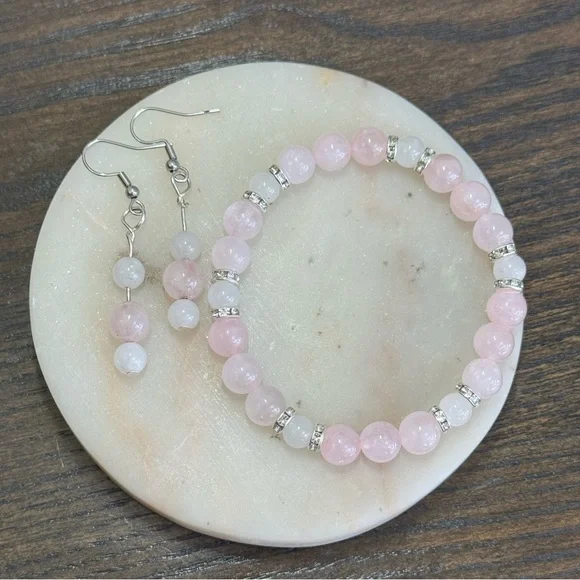 Adult Rose Quartz and White Jade Bracelet and Earrings Set Stretchy Beaded - Picture 4 of 5